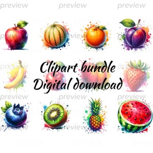 Watercolor Fruit Clipart Bundle, Clipart Fruit, Fruit Png, Watercolor Fruits, Fruit Graphics, Food Clipart, Digital Download