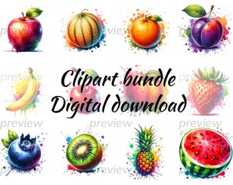 Watercolor Fruit Clipart Bundle: Apple, Banana, PNG (Digital Download)