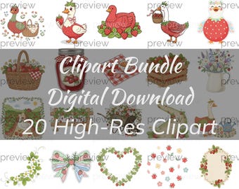 Strawberry Goose Clipart Bundle, 20 Whimsical Cottagecore Garden PNGs