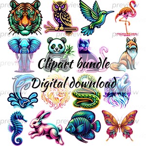 Imágenes prediseñadas de animales de neón, imágenes prediseñadas de neón, imágenes prediseñadas de animales, animales de neón, animales coloridos, gráficos de imágenes prediseñadas, impresión de animales, paquete de imágenes prediseñadas, digital