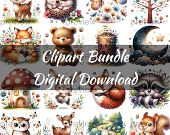Woodland Animal Clipart Bundle, Nursery Decor (Digital Download)