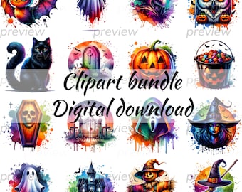 Watercolor Halloween Clipart Set, Cute Pumpkin Graphics (Digital Download)