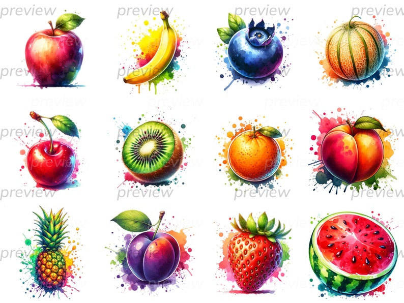 Watercolor Fruit Clipart Bundle: Apple, Banana, PNG (digital Download ...