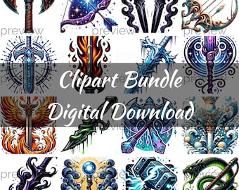 Fantasy Weapons Clipart Bundle, Sword Axe Bow PNG, RPG Game Art, Commercial Use