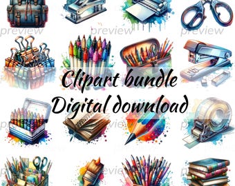 Watercolor School Supplies Clipart: Classroom Graphics Bundle (Digital Download)