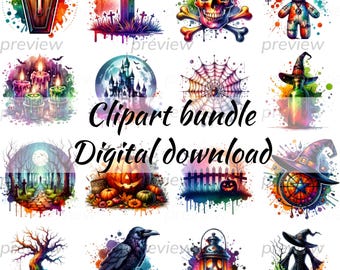 Clipart de Halloween en acuarela: Gráficos PNG espeluznantes (Descarga digital)