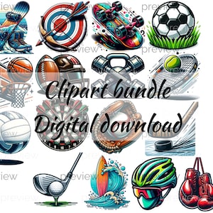 Clipart sprzętu sportowego, sztuka sportowa, grafika sportowa, sportowe Png, sprzęt sportowy Png, obrazy do scrapbookingu, pakiet clipartów, pobieranie cyfrowe