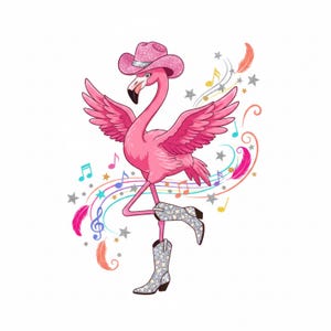 May include: A pink flamingo wearing a pink glitter cowboy hat and floral cowboy boots. The flamingo is dancing with its wings spread, surrounded by musical notes, stars, and feathers. The image is on a white background.