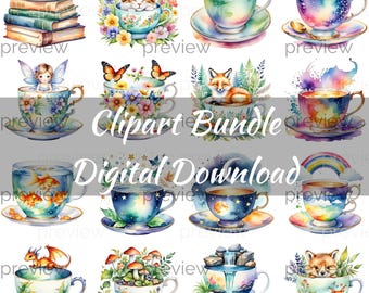 Paquete de 16 imágenes prediseñadas PNG de tazas de té, diseños de acuarela, 300 DPI, uso comercial, descarga digital.