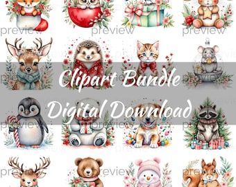 Christmas Animals Clipart Bundle – Holiday PNG Graphics (Digital Download)