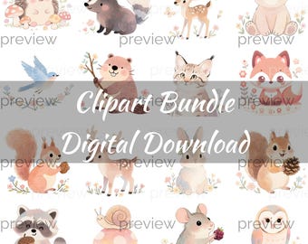 Woodland Animals Clipart Bundle, Forest Nursery PNG, Baby Shower Wildlife (Digital Download)