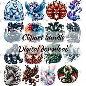 Mythical Creatures Clipart Bundle: Fantasy Art PNG Graphics (Digital Download)