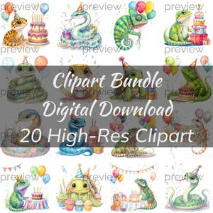 Può includere: Un pacchetto di clipart digitali con 20 immagini ad alta risoluzione di rettili e anfibi che festeggiano compleanni. Le illustrazioni includono serpenti, lucertole e tartarughe con cappelli da festa, palloncini e torte. Il testo "Clipart Bundle Digital Download 20 High-Res Clipart" è visualizzato.