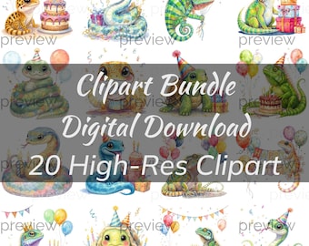 Reptile Birthday Party Clipart Bundle: 16 Watercolor Reptile PNG Graphics, Commercial Use