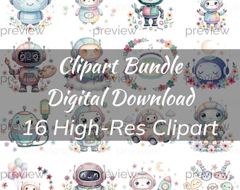 Robot Clipart PNG Bundle, Nursery Decor, Commercial Use, Digital Download