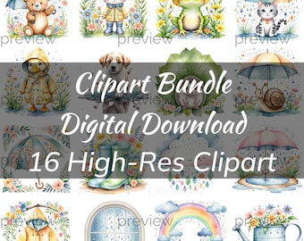 Rainy Day Animal Clipart Bundle, Spring Umbrellas, Nursery PNG (Digital Download)