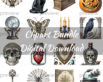 May include: A digital clipart bundle featuring various Halloween and gothic-themed illustrations. Includes a bat, black cat, carved wooden chest, jack-o'-lantern, crystal ball, moth, candelabra, raven, skull, jar with a heart, decorative heart, skull bottle, key, spider web, book, and cauldron.