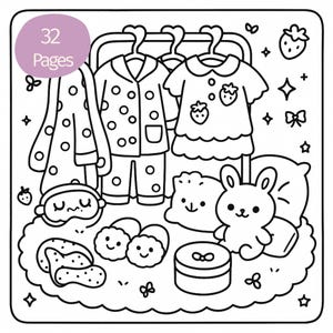 May include: Black and white illustration of a child's bedroom scene. Includes pajamas, a robe, slippers, a sleep mask, a stuffed bunny, and a pillow. The image also features a gift box and the text "32 Pages".