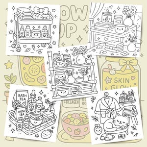 May include: A collection of line art illustrations featuring spa and self-care themes. Images include a rolling cart with spa products, a shelf with herbal tea, a tray with bath products, a bowl of fruit, and a cat with a robe.
