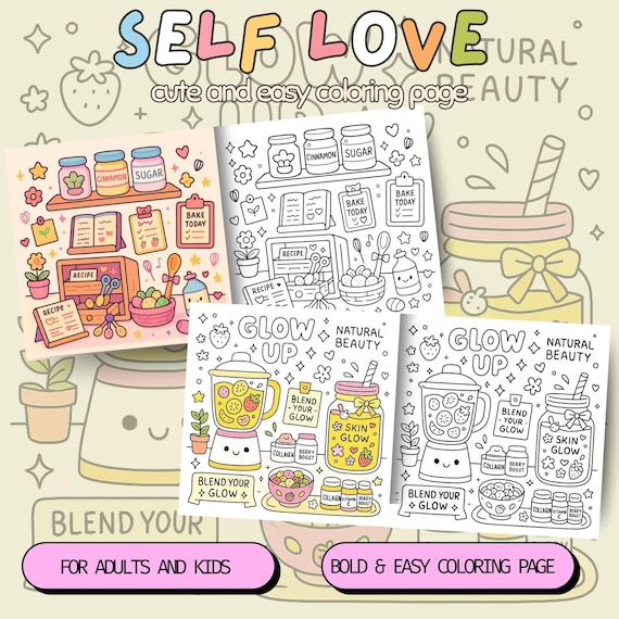 Self love Bold & Easy Cute Coloring Book for Adults, Kids and Girls 32 Printable Pages Kawaii Cozy Friends Procreate and PDF Format,Coco Wyo
