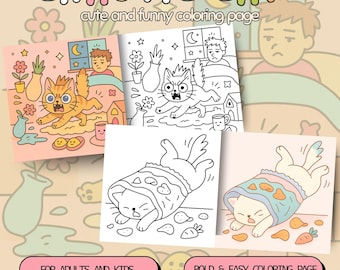 Chaotic Cat Bold & Easy Cute Coloring Book for Adults and Kids 32 Printable Pages Kawaii Cozy Friends Procreate and PDF Format, Coco Wyo