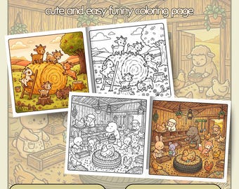 Gezellige dieren kleurplaten afdrukbare, schattige boerderij en tuin kleurboek, gezellige scènes, ontspannende kleurplaten voor volwassenen, digitale download
