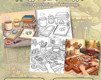 Gezellig en schattig kleurboek voor volwassenen, kleurplaten voor het dagelijks leven, ontspannende afdrukbare stressverlichting, kawaii kleurplaten voor thuis.