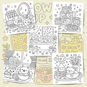 May include: A collection of black and white line art illustrations featuring self-care and beauty themes. Images include a bathtub, a blender, a cat in a teacup, and skincare products. The word "SKIN GLOW" is visible on one of the images.