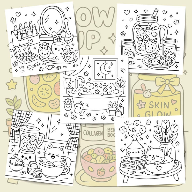 May include: A collection of black and white line art illustrations featuring self-care and beauty themes. Images include a bathtub, a blender, a cat in a teacup, and skincare products. The word "SKIN GLOW" is visible on one of the images.