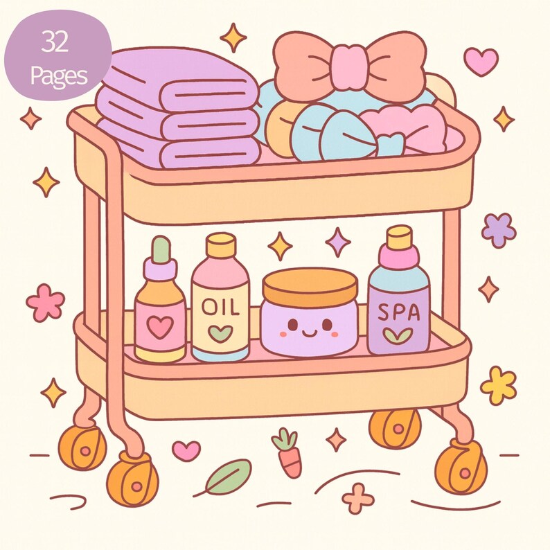 May include: A cartoon illustration of a spa cart filled with spa products. The cart has two levels and is filled with towels, bows, bottles of oil, and jars of cream. The cart has wheels and is decorated with hearts, stars, and flowers. The text "32 Pages" is in the upper left corner.