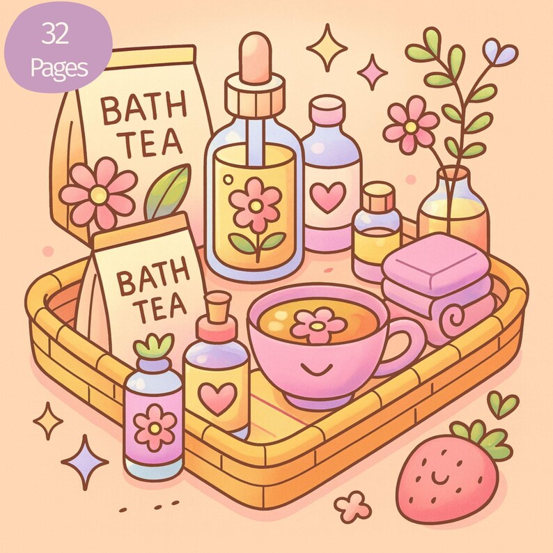 May include: An illustration of a self-care set on a woven tray. The set includes bath tea bags, bottles of essential oils, a cup of tea, a bar of soap, and a strawberry. The bottles have flower and heart designs. The text "BATH TEA" is visible.