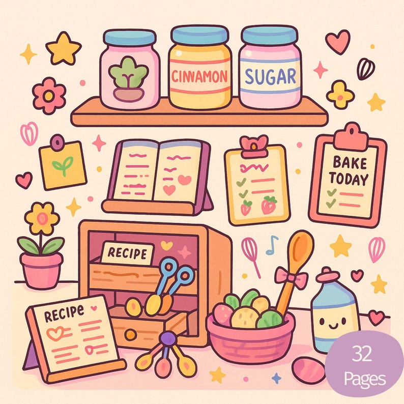 May include: A whimsical illustration of baking supplies and recipes. Features jars labeled "Cinnamon" and "Sugar", a recipe book, and a wooden cabinet with utensils. Includes the text "Bake Today" and "32 Pages".