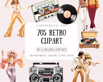 Retro 70s Clipart Bundle | Hippie Cartoon PNG (Digital Download)