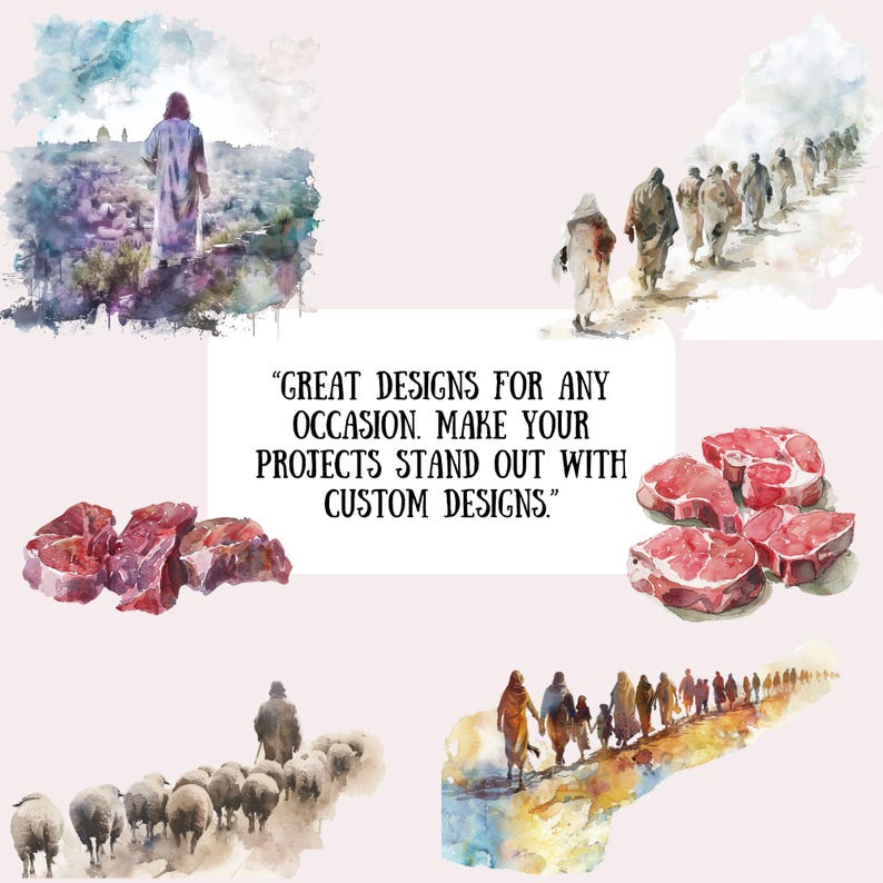 Puede incluir: Una pintura de acuarela de un grupo de personas caminando en fila. Las personas visten t&uacute;nicas y caminan por un sendero. La pintura est&aacute; ambientada en un fondo de cielo nublado y un paisaje distante. El texto "GREAT DESIGNS FOR ANY OCCASION. MAKE YOUR PROJECTS STAND OUT WITH CUSTOM DESIGNS." est&aacute; escrito en el centro de la imagen.