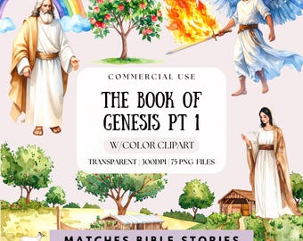 Clipart de la historia bíblica del Génesis: Adán, Eva, Noé y el Jardín (75 PNG)