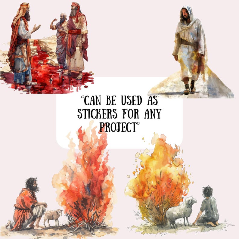 Puede incluir: Un conjunto de cuatro ilustraciones de acuarela que representan escenas de la Biblia. La primera imagen muestra a tres hombres con t&uacute;nicas de pie en un charco de sangre. La segunda imagen muestra a un hombre con una t&uacute;nica blanca caminando por un sendero. La tercera imagen muestra un arbusto en llamas con un hombre y un cordero de pie cerca. La cuarta imagen muestra un arbusto en llamas con un hombre de pie cerca.