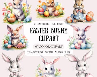 Watercolor Easter Bunny Clipart | Spring PNG, Egg Basket (Digital Download)