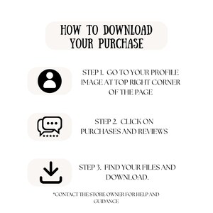 Puede incluir: Un gr&aacute;fico blanco y negro con tres pasos sobre c&oacute;mo descargar una compra en Etsy. Los pasos son: 1. Ve a tu imagen de perfil en la esquina superior derecha de la p&aacute;gina. 2. Haz clic en compras y rese&ntilde;as. 3. Encuentra tus archivos y desc&aacute;rgalos. El texto *Ponte en contacto con el propietario de la tienda para obtener ayuda y orientaci&oacute;n* est&aacute; en la parte inferior del gr&aacute;fico.