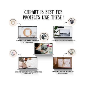Puede incluir: Un gr&aacute;fico que muestra diferentes formas de usar im&aacute;genes predise&ntilde;adas para proyectos como invitaciones de cumplea&ntilde;os, elementos de dise&ntilde;o web, arte de pared, diarios ilustrados y papeler&iacute;a de boda.