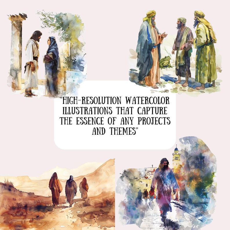 Puede incluir: Cuatro ilustraciones de acuarela que representan escenas de la Biblia. La primera imagen muestra a dos personas con t&uacute;nicas hablando. La segunda imagen muestra a tres personas con t&uacute;nicas hablando. La tercera imagen muestra a tres personas con t&uacute;nicas caminando por un camino de tierra. La cuarta imagen muestra a una persona con una t&uacute;nica caminando por un camino de piedra.