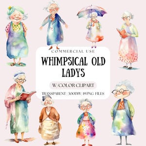 Clipart de anciana caprichosa / Mujer mayor alegre / Abuela de dibujos animados en acuarela / Clipart para revistas basura