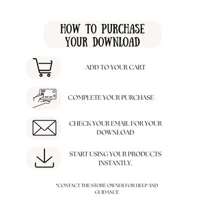 Puede incluir: Un infogr&aacute;fico en blanco y negro con instrucciones sobre c&oacute;mo comprar una descarga digital. Los pasos incluyen agregar al carrito, completar la compra, verificar su correo electr&oacute;nico para la descarga y comenzar a usar el producto instant&aacute;neamente. El texto tambi&eacute;n incluye una nota para ponerse en contacto con el propietario de la tienda para obtener ayuda y orientaci&oacute;n.
