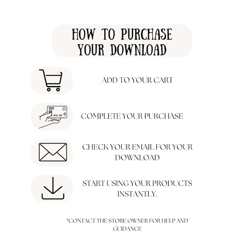Puede incluir: Un infogr&aacute;fico en blanco y negro con instrucciones sobre c&oacute;mo comprar una descarga digital. Los pasos incluyen agregar al carrito, completar la compra, verificar su correo electr&oacute;nico para la descarga y comenzar a usar el producto instant&aacute;neamente. El texto tambi&eacute;n incluye una nota para ponerse en contacto con el propietario de la tienda para obtener ayuda y orientaci&oacute;n.