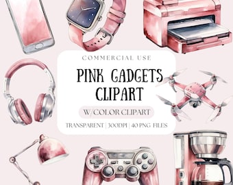 Pink Gadgets Watercolor Clipart | Tech PNG (Digital Download)
