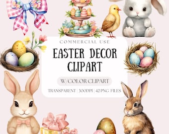 Clipart de coelhinho da Páscoa | Decorações de primavera em aquarela (arquivos PNG)