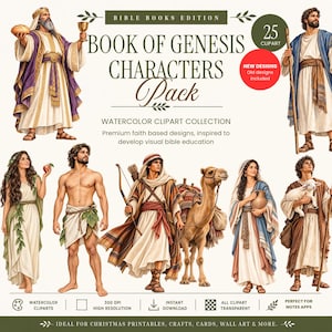 Puede incluir: Una colección digital de 25 ilustraciones clipart en acuarela con personajes bíblicos del Libro del Génesis, incluyendo figuras con túnicas tradicionales, un camello y varios accesorios, presentados con etiquetas de texto.