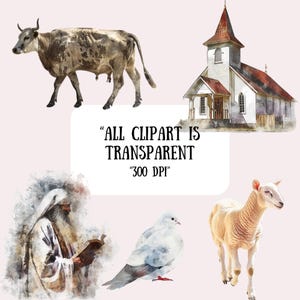 Puede incluir: Un conjunto de ilustraciones digitales en acuarela que presenta una vaca, una iglesia, una paloma, un cordero y un hombre con una t&uacute;nica sosteniendo un libro. El texto "ALL CLIPART IS TRANSPARENT" y "300 DPI" est&aacute; incluido en la imagen.