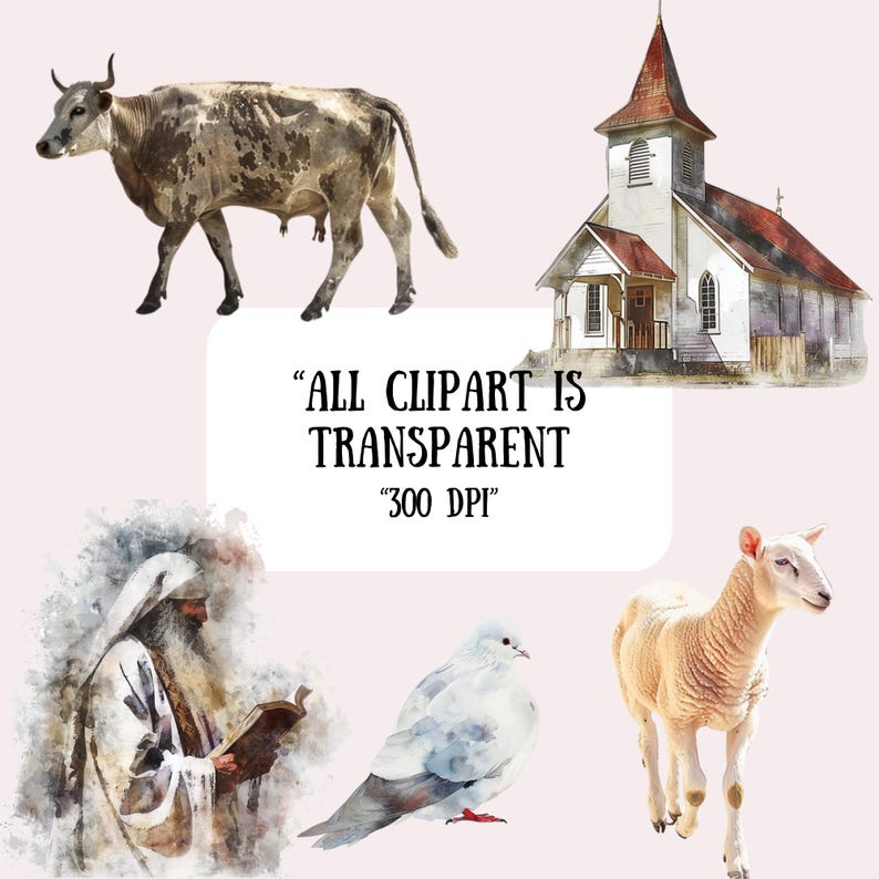 Puede incluir: Un conjunto de ilustraciones digitales en acuarela que presenta una vaca, una iglesia, una paloma, un cordero y un hombre con una t&uacute;nica sosteniendo un libro. El texto "ALL CLIPART IS TRANSPARENT" y "300 DPI" est&aacute; incluido en la imagen.