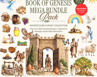 Könnte beinhalten: Eine digitale Sammlung mit dem Titel Book of Genesis Mega Bundle Pack, die 204 Aquarell-Clipart-Illustrationen enthält. Die Grafiken zeigen biblische Figuren, Steintore, Tiere, Landschaften und Lebensmittel als hochauflösende Ressource.