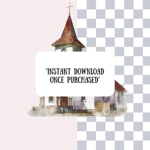 Puede incluir: Una ilustraci&oacute;n de acuarela de una iglesia con un techo rojo y una cruz en la parte superior. El texto "INSTANT DOWNLOAD ONCE PURCHASED" est&aacute; escrito en un cuadro blanco delante de la iglesia.